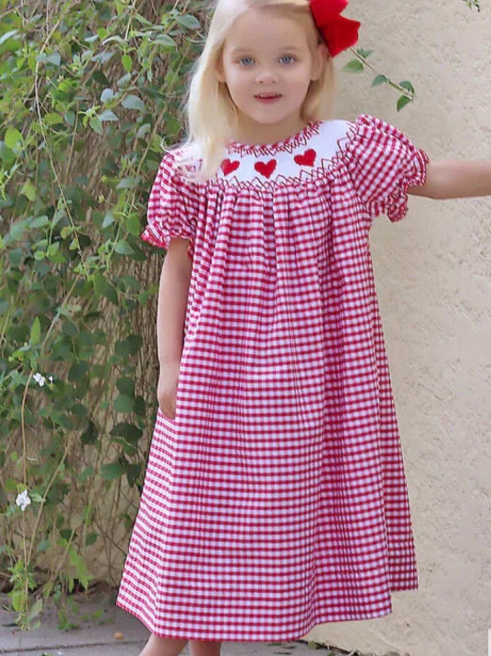 Toddler Girls - classic Whimsy Heart Smocked Red Check Bishop Dress
